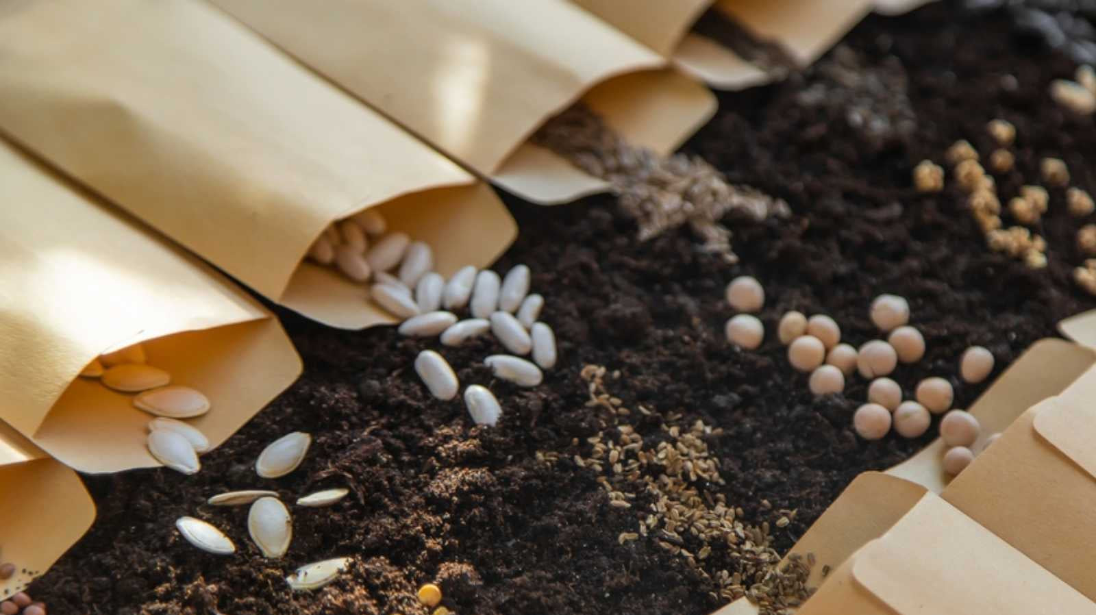 Seed packets laid out on the soil with seeds spilling out of them