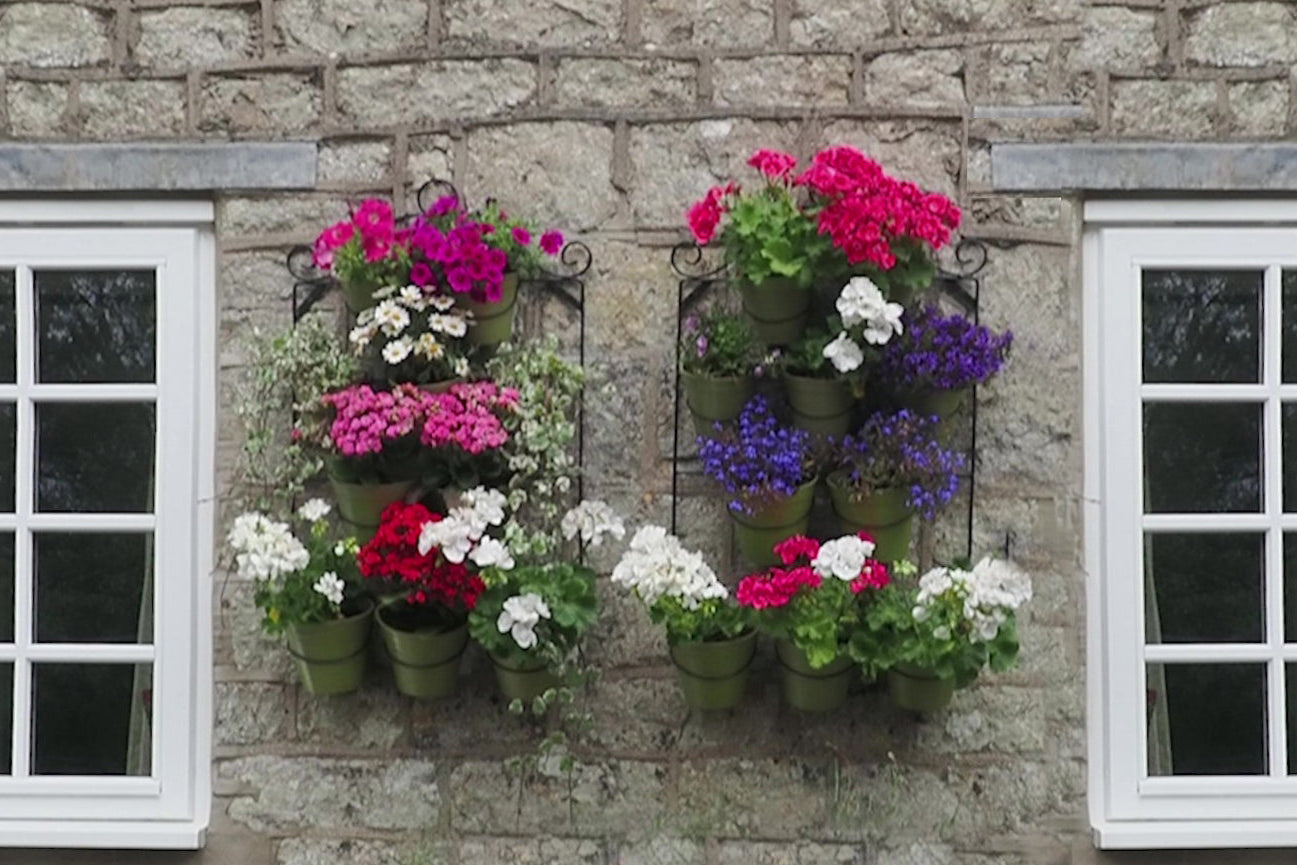 Wall pot holders filled with bamboo pots and flowers