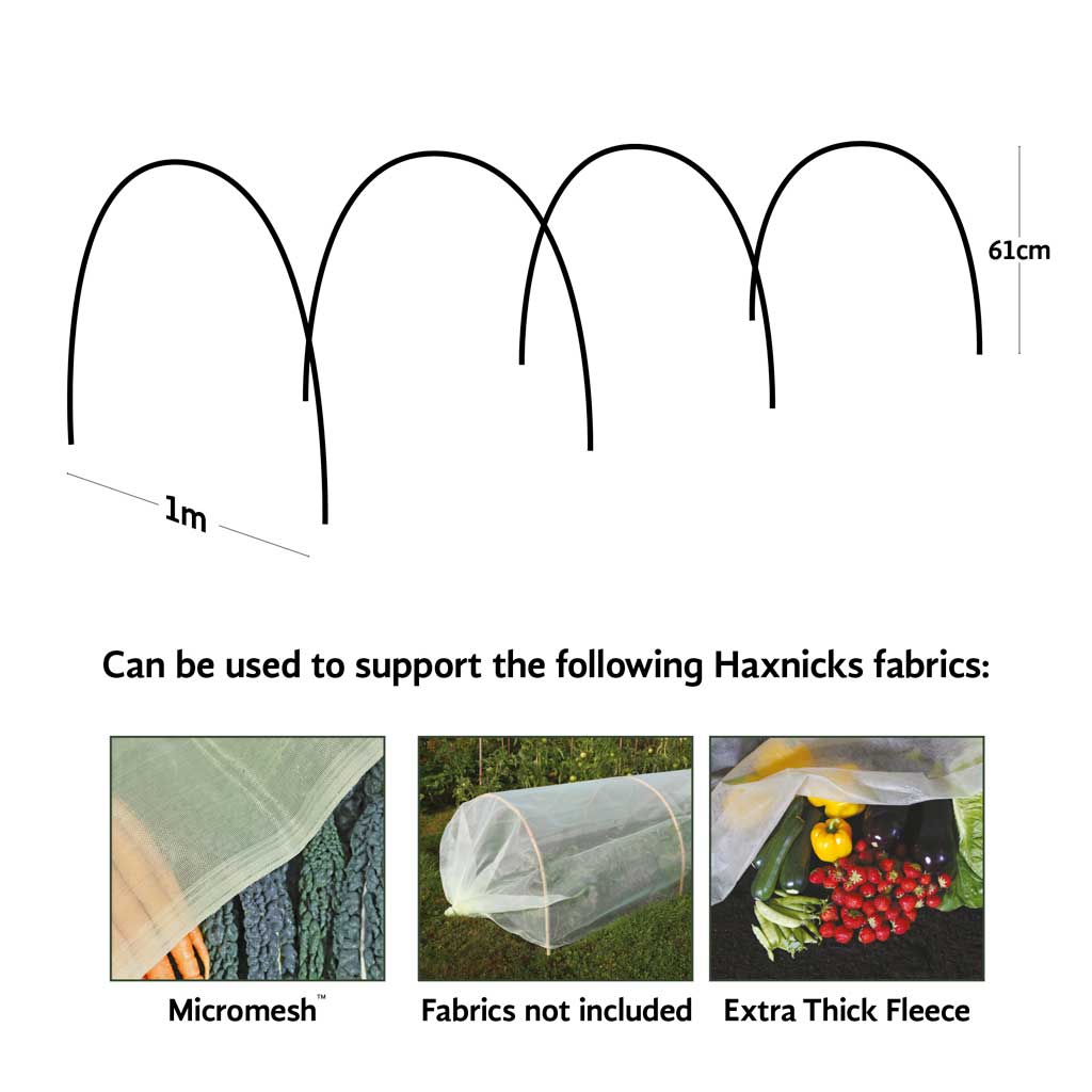 Line drawing of Haxnicks Bamboo Tinnel Hoops with dimensions and 3 photos of the tunnel hoops in use