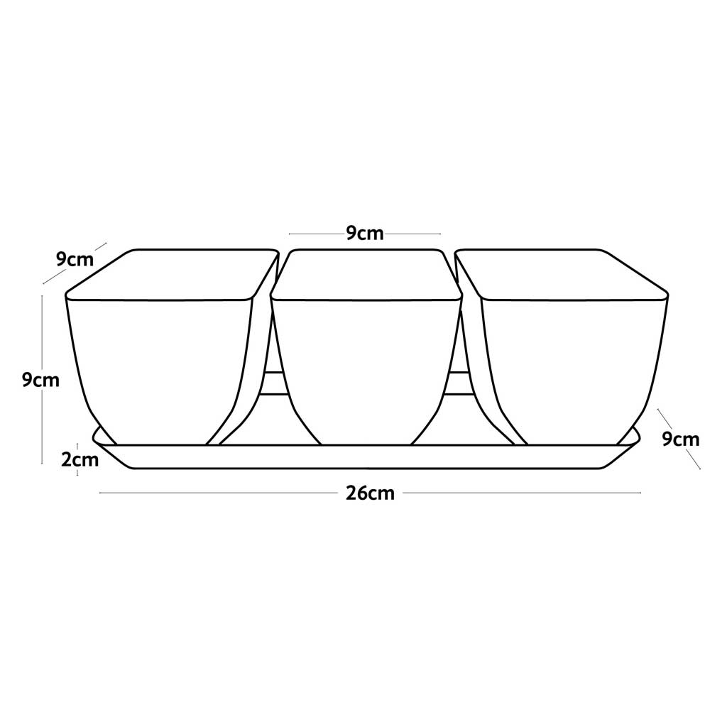 Line drawing of Haxnicks Earth Pots wiindowsill set with dimensions