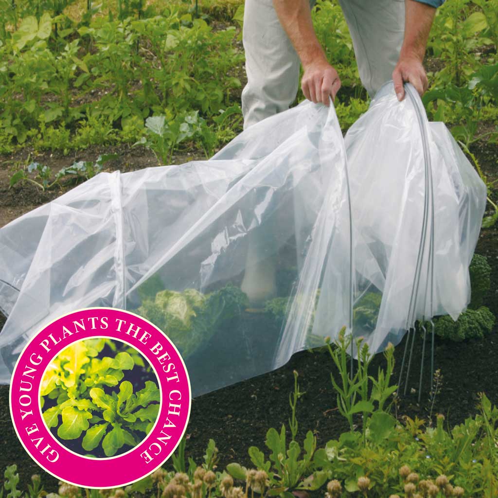 Haxnicks Easy Poly tunnel being concertinerd out over a garen bed with "Give young plants the best chance" flash