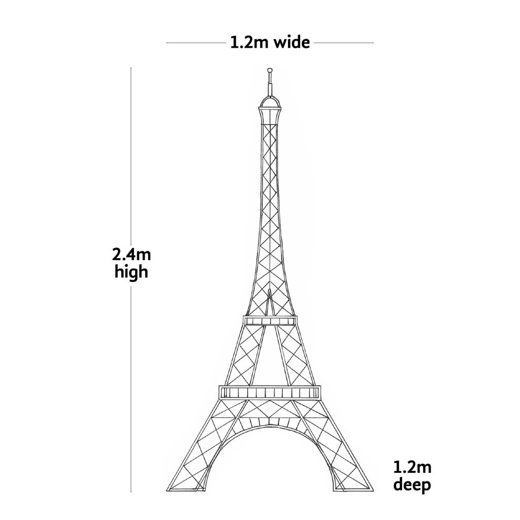 Line drawing of Eiffel Tower plant support frame Haxnicks with dimensions