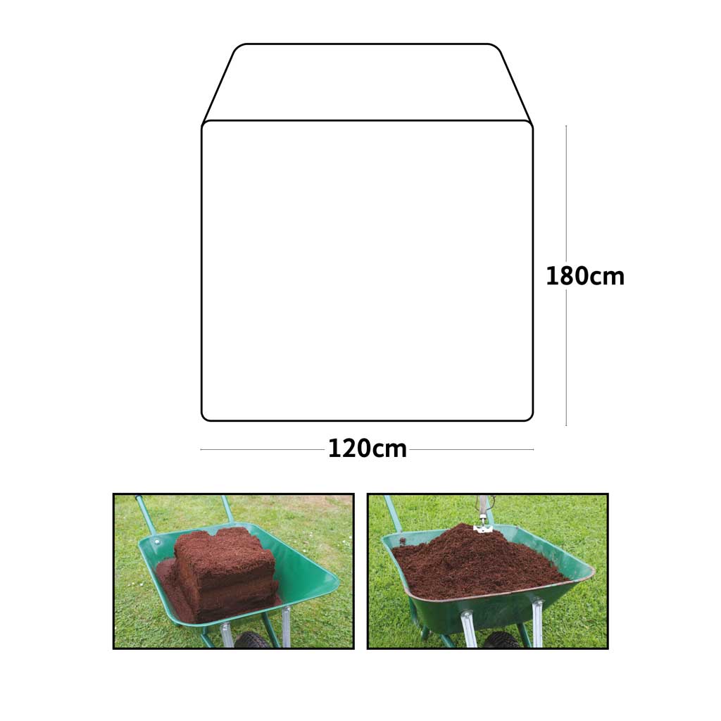 Line drawing or coir block with dimensions and 2 photos of the coir rehydrted in a wheel barrow