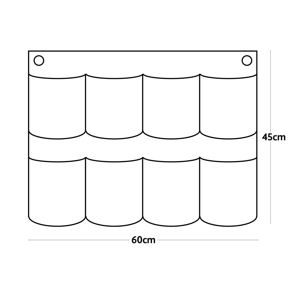 Line drawing of a herb wall garden planter with dimensions