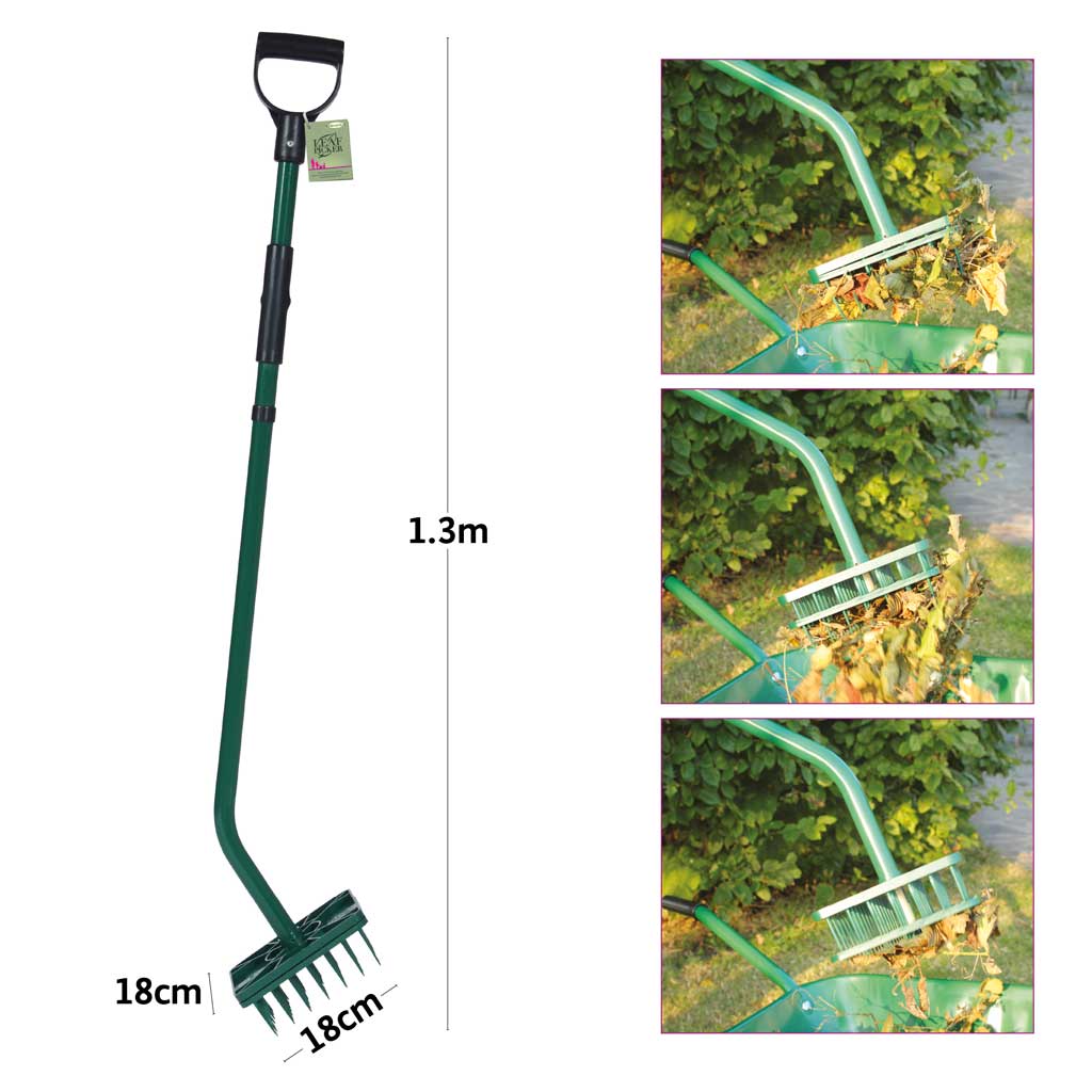 Full length image of Haxnicks leaf picker leaf collection tool with 3 smaller ophotos of it in use