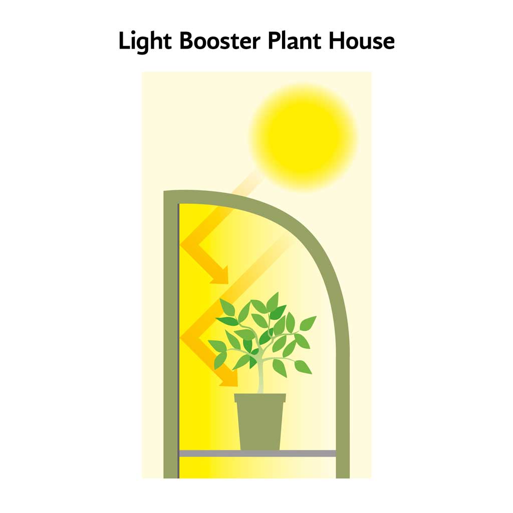 Diagram of the light bouncing off the reflective backing of the Haxnicks Light-Booster plant house