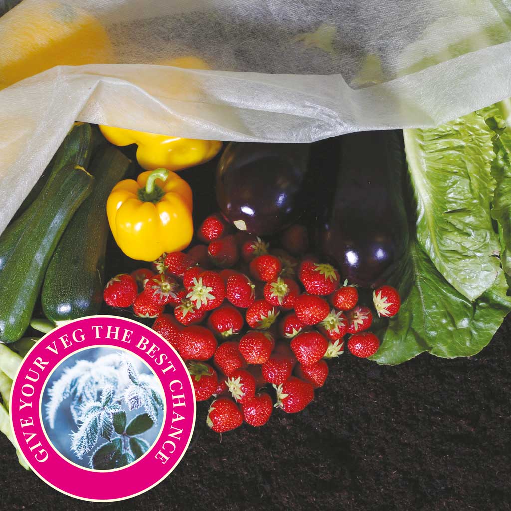 Close iup of Haxnicks plant protection Fleece fabric with 'give your veg the best chance' flash