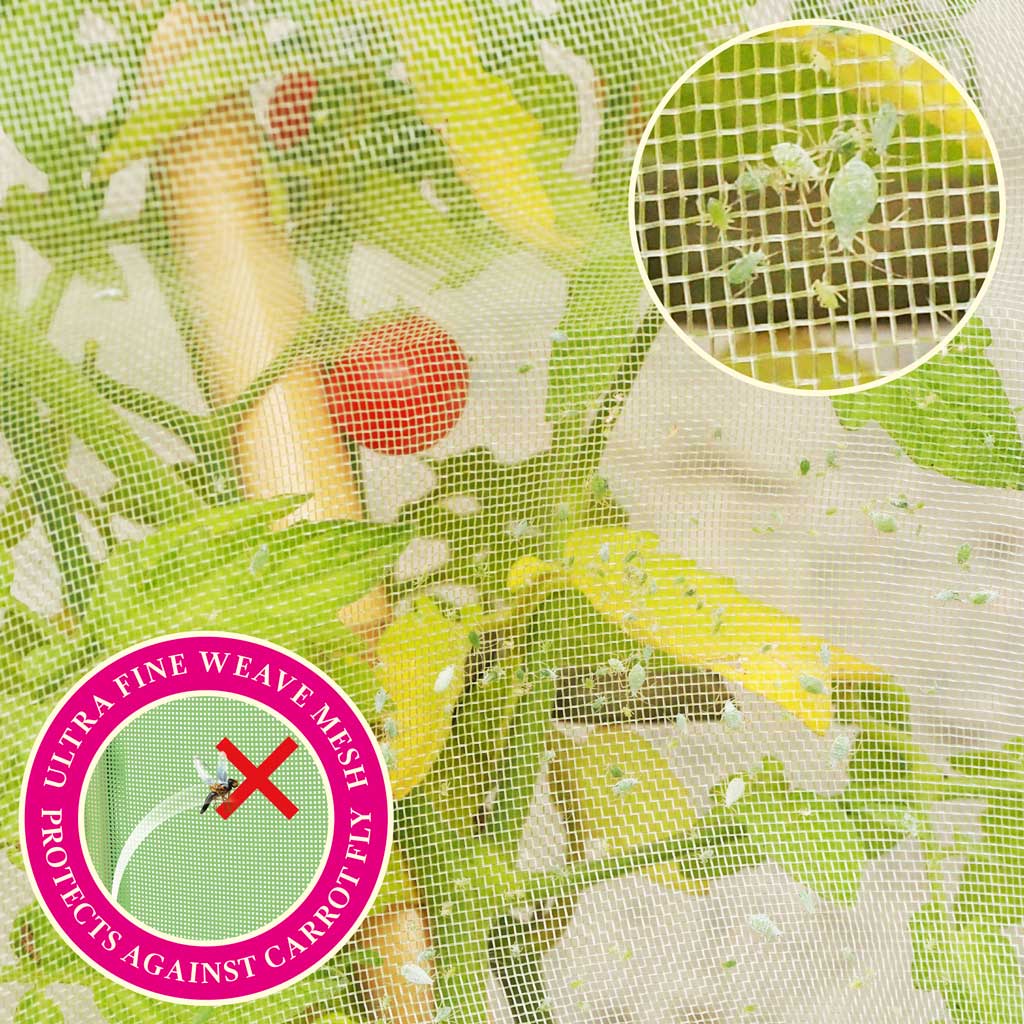 Close iup of Haxnicks plant protection Micromesh fabric with 'protects crops from birds and animals' flash and close ups of aphds on the net