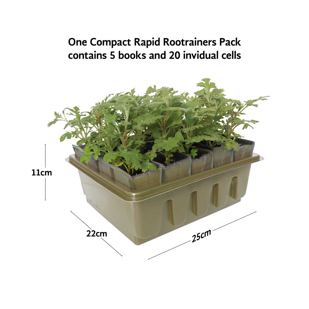 Compact Rapid Rootrainers with plants in it and dimensions