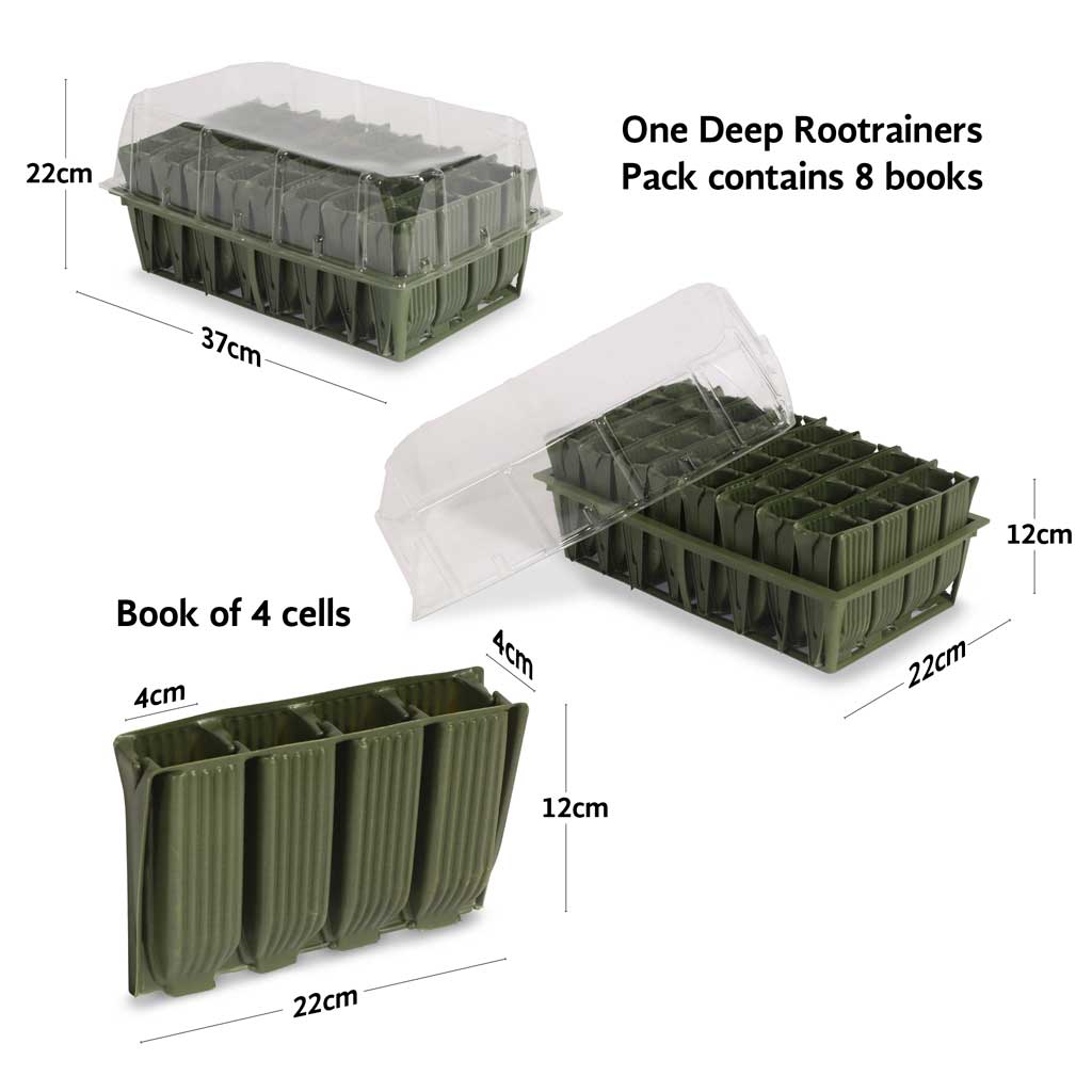 3 images of Rootrainers - made up, with lid off and single book all with dimensions