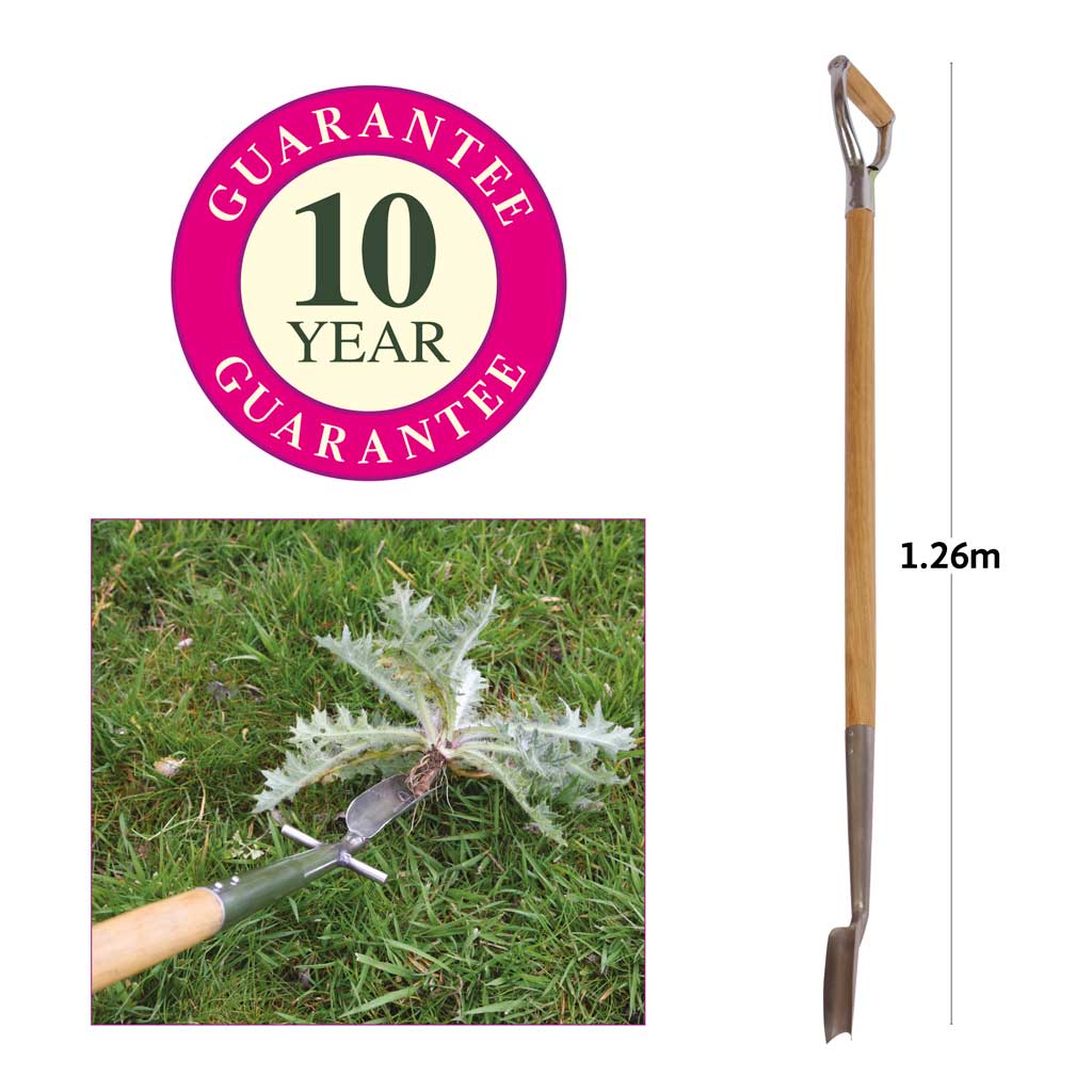 close up and full length image of Haxnicks SpeedWeed weeding tool with dimensions and 10 Year Guarantee flash