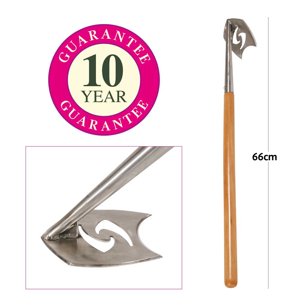 close up and full length image of Haxnicks Precision SpeedHoe weeding tool with dimensions and 10 Year Guarantee flash