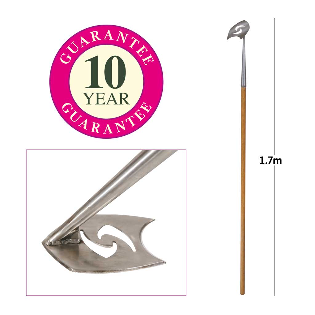 close up and full length image of Haxnicks SpeedHoe weeding tool with dimensions and 10 Year Guarantee flash