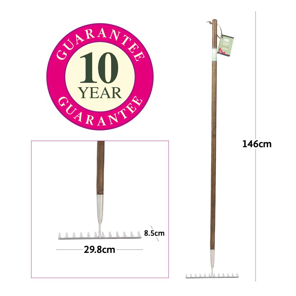 close up and full length image of Haxnicks Vintage Ash Garden Rake with dimensions and 10 Year Guarantee flash