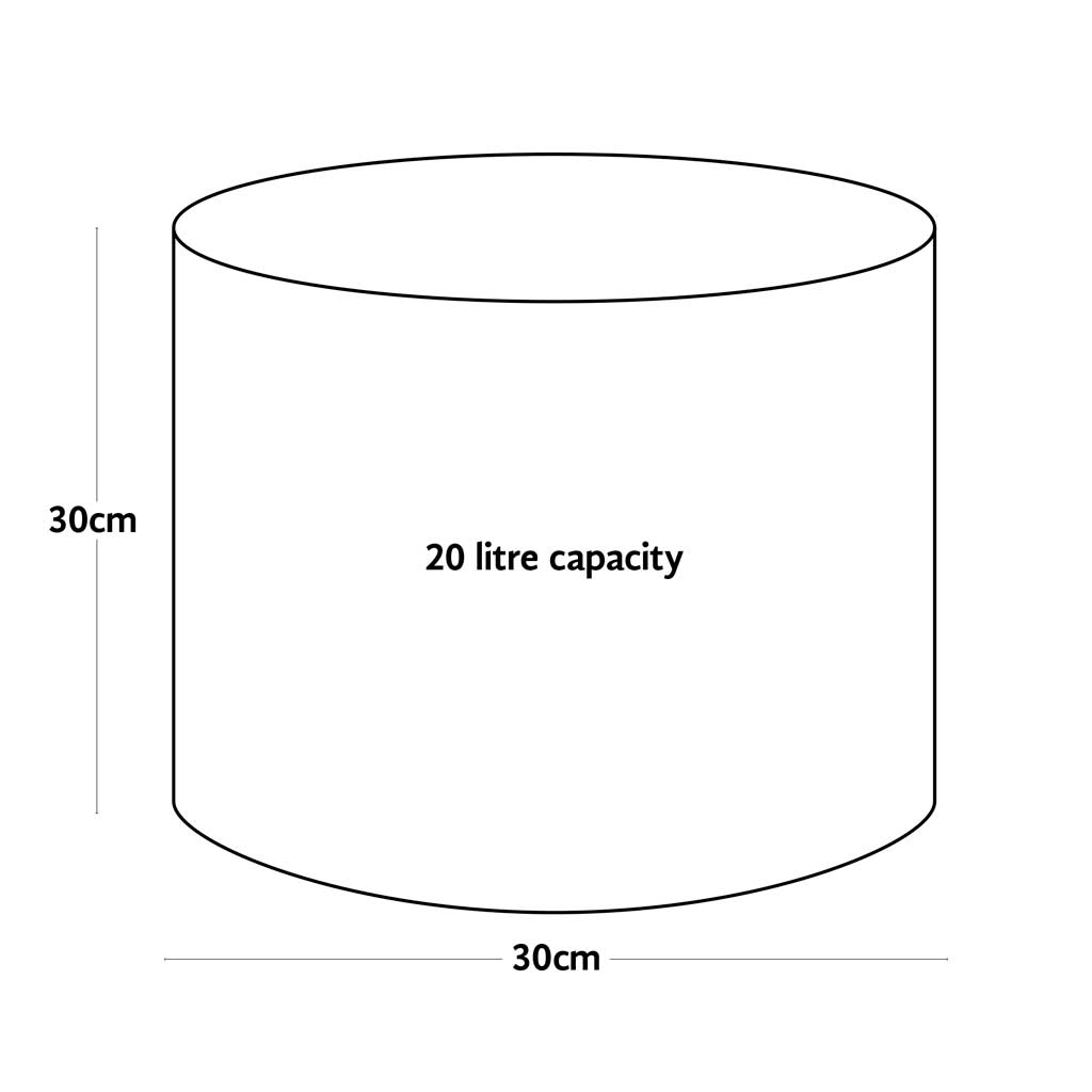 Line drawing of a 20L Vigoroot garden planter with dimensions