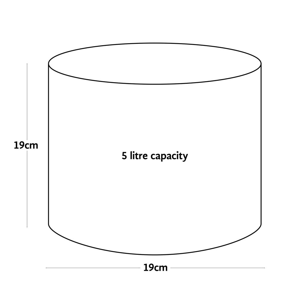 Line drawing of a 5L Vigoroot garden planter with dimensions