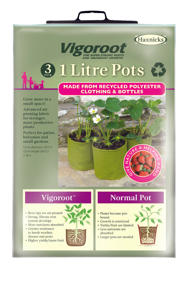 Shot of a 3 pack of Haxnicks Vigoroot 1 litre pots on a white background