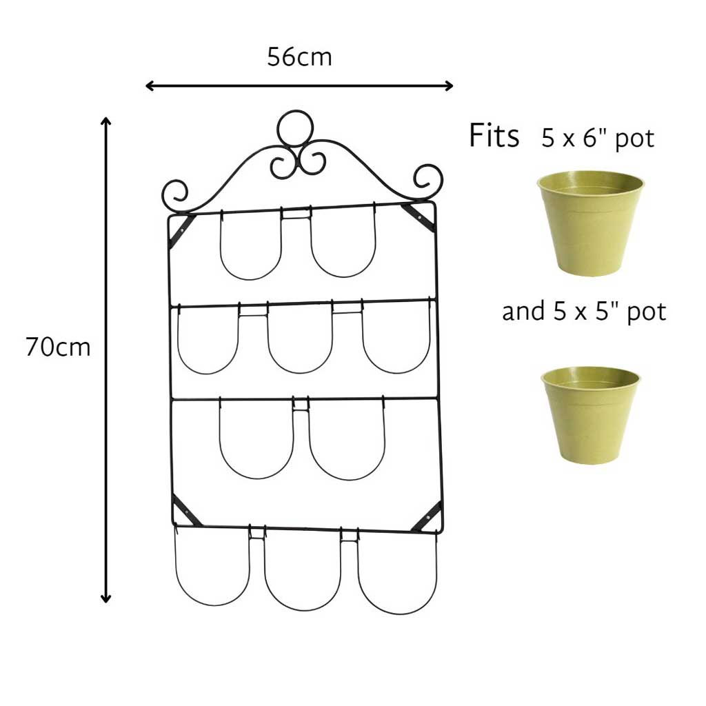 Diagram of Haxnicks Wall pot holder with dimensions and 2 sage green bamboo pots
