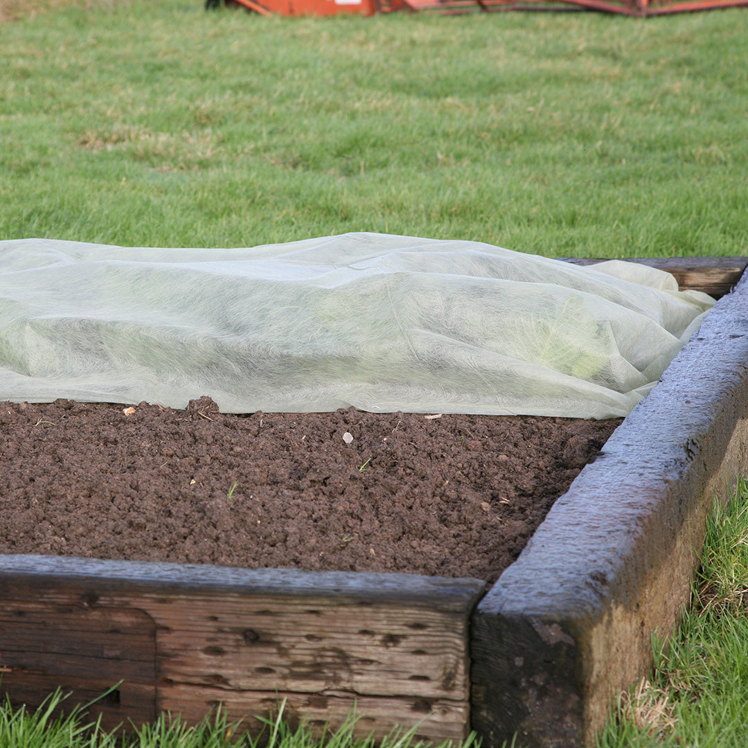 Eco Green Garden Fleece blanket winter plant protection pinned over a crop