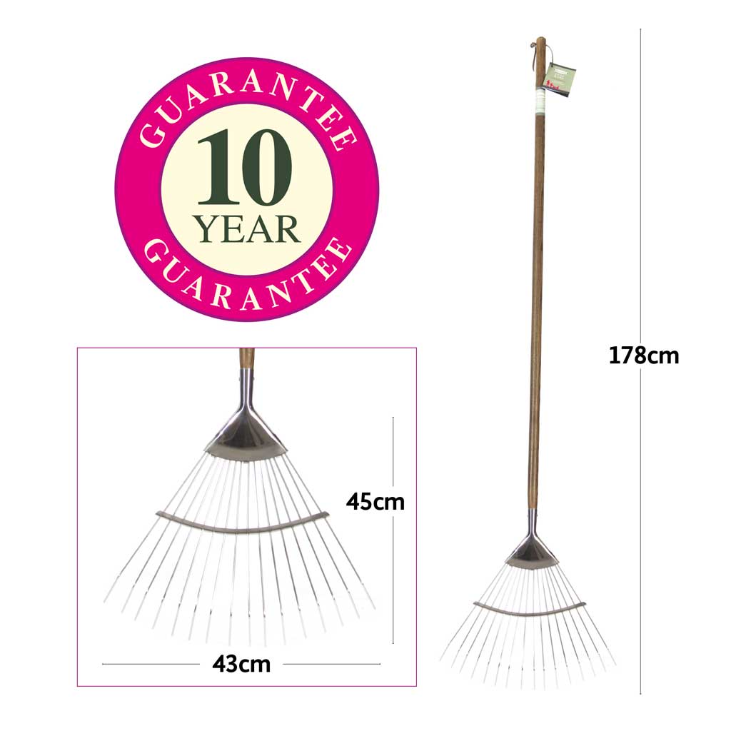 close up and full length image of Haxnicks Vintage Ash Leaf Rake with dimensions and 10 Year Guarantee flash